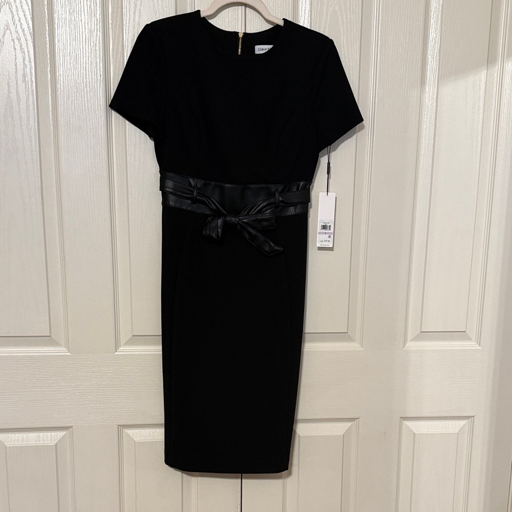 Calvin Klein Black Midi Sheath Dress with Faux-Leather Waist Tie - Picture 2 of 5